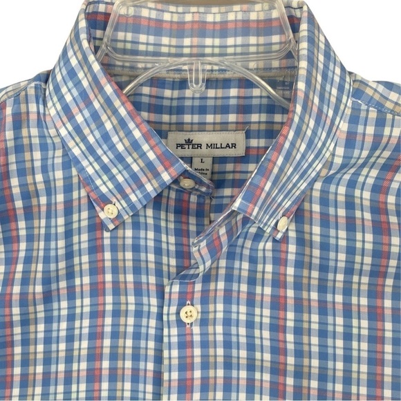 Peter Millar Men’s Plaid Button Down Shirt Cotton & Silk Blue Pink Size Large - Picture 1 of 9